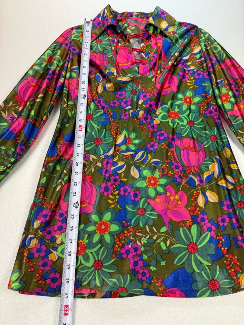 Vintage 60s 70s Mod Floral Mini Dress Boho Psychedelic Lace-Up Neck Long Sleeve - Picture 4 of 8